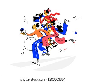 Illustration of journalists girls with a microphone, and video, cameras. Vector. Three girls in retro style. Illustration for women's magazine, article.
