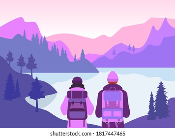 Illustration of journey in mountains. Couple of lovers with backpacks and dressed in warm clothes going to travel in mountains.
