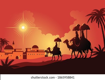 An illustration of a journey of three wise man to Bethlehem. Biblical Series
