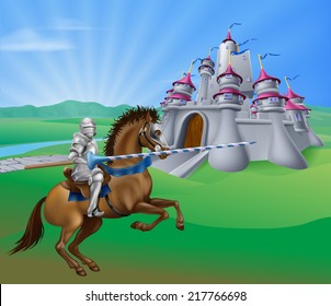 An illustration of a jousting knight with lance on his horse and a fantasy fairytale medieval castle in a landscape of a field of rolling hills