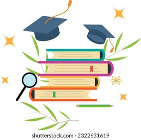 Illustration of the joy of graduation, scientific books and a magnifying glass with a graduation dome from the teacher and the university