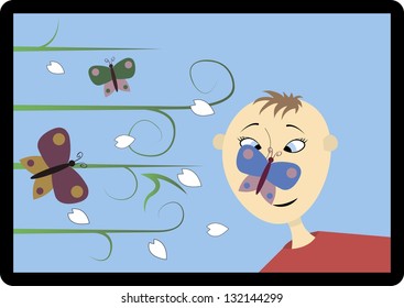 Illustration / joyful boy / butterflies and flower petals