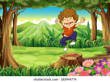 Illustration of a joyful boy at the jungle