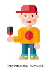 Illustration of a joyful boy. Boy in a red cap with ice cream, in full growth. Sneakers, jeans. Icon boy isolated on white background. Smile