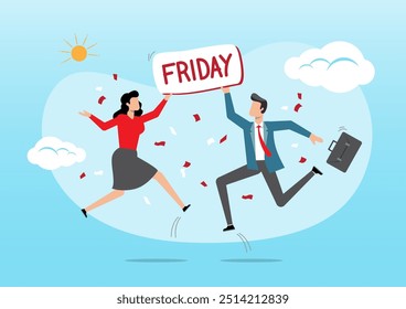 An illustration of joyful business people jumping while holding Friday sign. Happy Friday, enjoy last working day and embrace weekend.