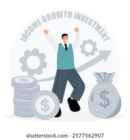 Illustration of a joyful businessman celebrating financial success with symbols of investment and growth. Ideal for concepts related to finance, prosperity, and economic advancement.