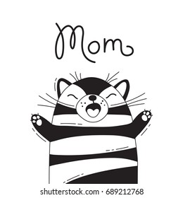 Illustration with joyful cat who shouts - Mom. For design of funny avatars, posters and cards. Cute animal. Cute animal in vector.