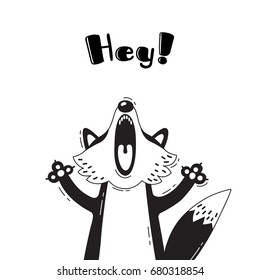Illustration with joyful Fox who shouts - Hey. For design of funny avatars, welcome posters and cards. Cute animal in vector.