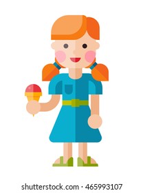 Illustration of a joyful girl. Girl in a blue dress with ice cream, in full growth. Braids, sandals. Icon girl isolated on white background. Smile