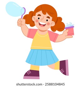 Illustration of Joyful Girl Playing with Bubbles