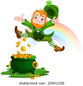 Illustration of joyful jumping leprechaun