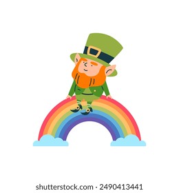 Illustration of a joyful leprechaun in a green suit for St. Patrick's Day. A cartoon dwarf in a big hat sitting on a rainbow is perfect for festive decoration.