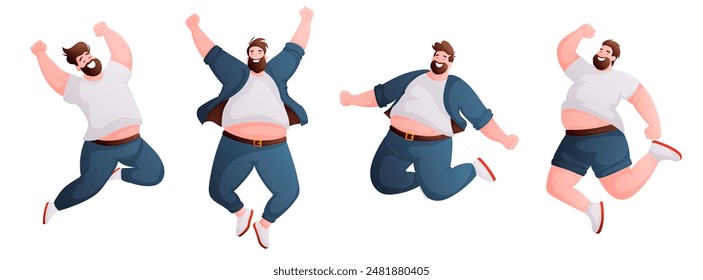 Illustration of a joyful man jumping with arms raised, expressing happiness and enthusiasm. Cartoon style on a white background.