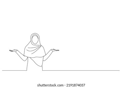 Illustration of joyful muslim woman in headscarf holding something on her empty palms, demonstrating or comparing options, spreading hands. One line art

