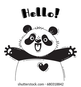 Illustration with joyful panda who shouts - Hello. For design of funny avatars, welcome posters and cards. Cute animal in vector.