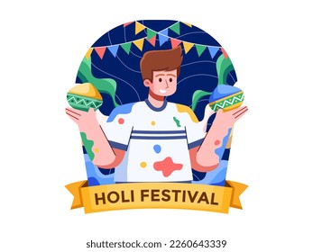 Illustration of Joyful People Holding Colorful Powders Celebrating the India Holi Festival.
A person happily celebrating the Holi festival in India with people holding colorful powder.