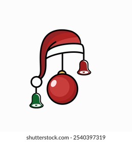 Illustration of a joyful Santa hat adorned with Christmas ornaments and bells, symbolizing festive holiday spirit and cheerful celebrations. Perfect for seasonal greeting cards and holiday decorations