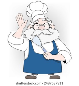 An illustration of a joyful senior chef with a white beard and glasses, wearing a traditional chef's hat, white shirt, and blue apron.