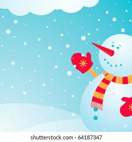 Illustration joyful snowman on which the snow falls in winter