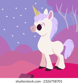 An illustration of a joyful unicorn is depicted, with a happy expression on its face. It is surrounded by shimmering stars. In the background, a beautiful blue sky can be seen, along with colorful tre