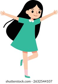 Illustration of a joyful young girl with long black hair wearing a green dress and pink socks, dancing with arms outstretched in a playful pose, cheerful mood.
