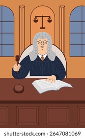 Ilustração de um juiz sentado na mesa do tribunal com uma mão apoiada em um livro de leis e a outra segurando um martelo. 