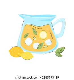 Illustration of a jug with lemonade, lemon slices, ice and mint. Flat image for cafe and restaurant menu, landing page, banner, flyer, sticker, postcard.