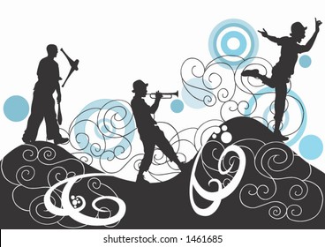 Illustration of a juggler, a trumpeter and a man dancing