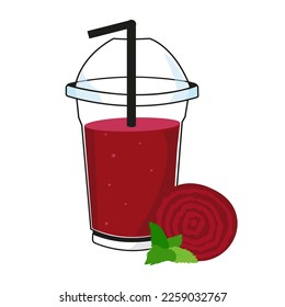 ilustración de jugo de remolacha en un vaso de plástico. ilustración vectorial. con elementos de remolacha