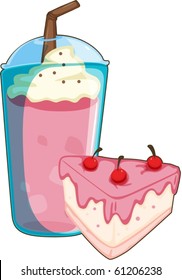 illustration of a juice glass and cake on a white background