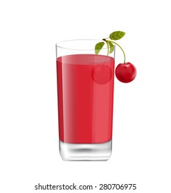 Illustration Juice in Glass with Two Cherries Isolated on White Background, Realistic Beverage - Vector