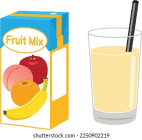 Illustration of juice in a paper pack. Mixed juice of apple, peach, orange banana