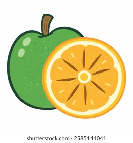 Illustration of a Juicy Orange Fruit Icon with a Slice, Bright and Refreshing A juicy, freshly sliced orange with bright colors and a refreshing, zesty look.