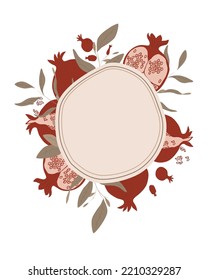 Illustration with juicy pomegranates, halved pomegranates, green leaves and red seeds. Ahead is a beige circle with space for your text, invitation, announcement. Save the Date - in vector