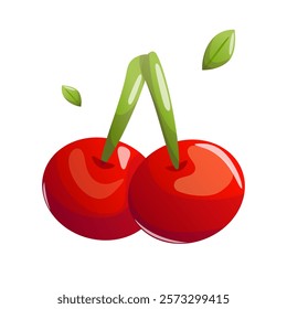 An illustration of juicy red cherries with vibrant colors and natural details, perfect for food-themed designs, summer concepts, packaging, and botanical art.