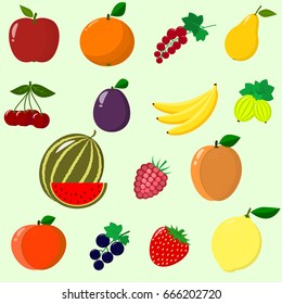 Illustration of juicy and ripe fruits and berries in a set. / Fruits and berries collected in a set.