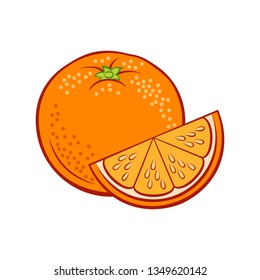 Illustration of Juicy Stylized Whole and Slice Orange. Icon for Food Apps and Stickers Isolated on a White Background