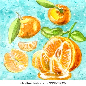 Illustration of juicy tangerines on blue background 