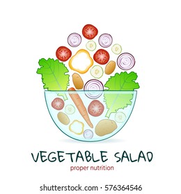 Illustration of juicy vegetable salad in a glass salad bowl. Proper nutrition vector Isolated vector illustration on white background.