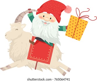 Illustration of a Jul Tomte Riding on the Back of a Yule Goat Carrying a Gift