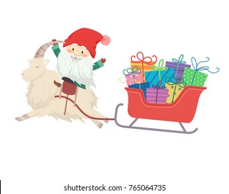 Illustration of a Jul Tomte Riding a Yule Goat Pulling a Red Sleigh Full of Gifts