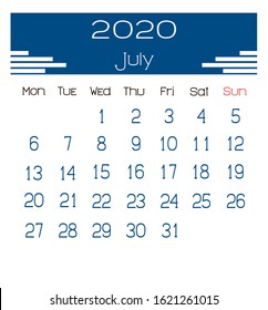 Illustration of July 2020 year calendar on english language in vector. Week starts on Monday, Sunday highlighted. No holidays highlighted and gradients. Desk Calendar 2020 design template
