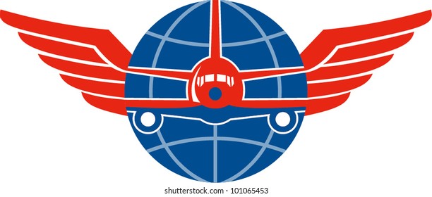 Illustration of a jumbo jet airplane plane viewed from front with wings and globe on isolated white background.