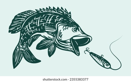 illustration of a jumping bass fish catching a fishing lure