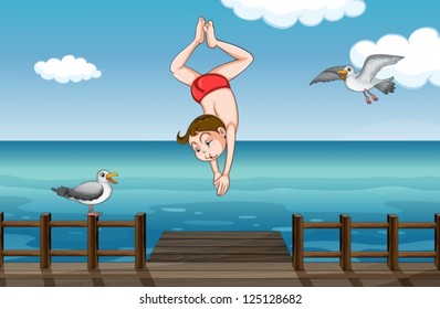 Illustration Of A Jumping Boy In A Water