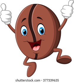 Illustration of jumping Coffee bean mascot giving thumb up