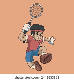 Illustration of Jumping Cute Guy Holding Racket Badminton Player Sport Retro Mascot Character Cartoon Design	
