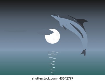 Illustration of a jumping dolphin over a moonlight - vector