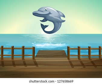 Illustration of a jumping dolphin and sea port