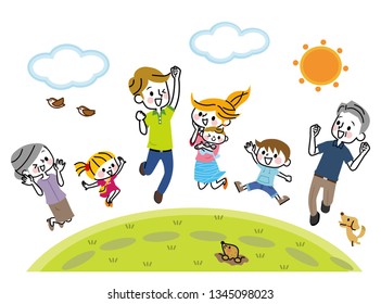 Illustration of a jumping family.